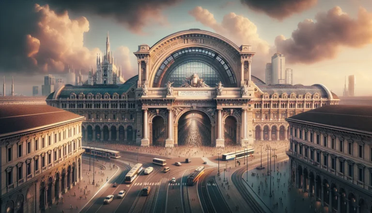 Vista panoramica della Stazione di Milano Centrale con la sua architettura imponente e i viaggiatori in movimento