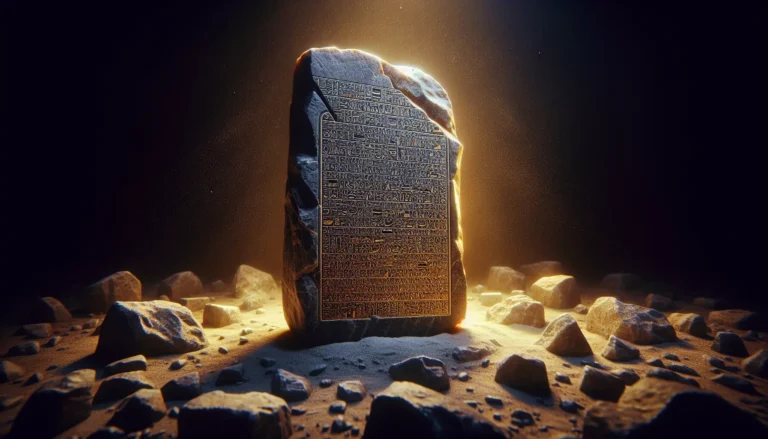 Immagine della Stele di Rosetta, un antico artefatto che ha rivoluzionato la comprensione della lingua egiziana.