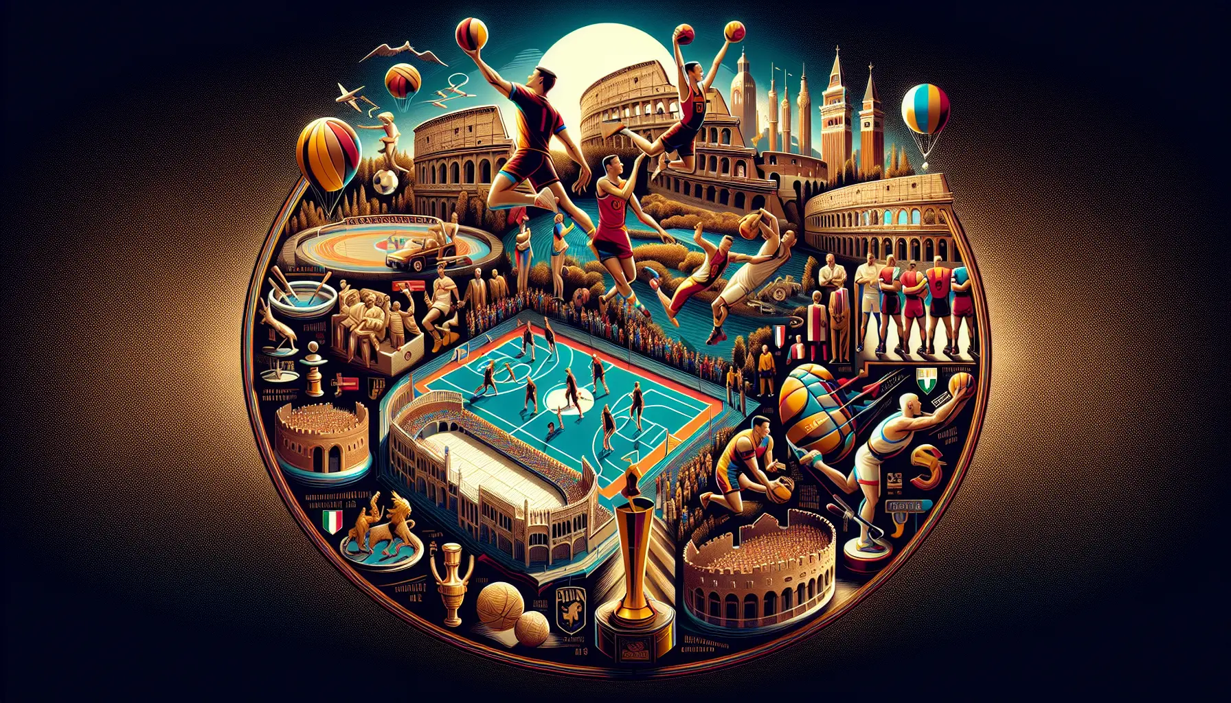 Un'immagine storica della Società di Ginnastica e Scherma Fortitudo, con atleti in azione durante una competizione di basket e calcio.