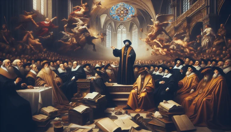 Ritratto di Papa Paolo IV con simboli religiosi e storici sullo sfondo