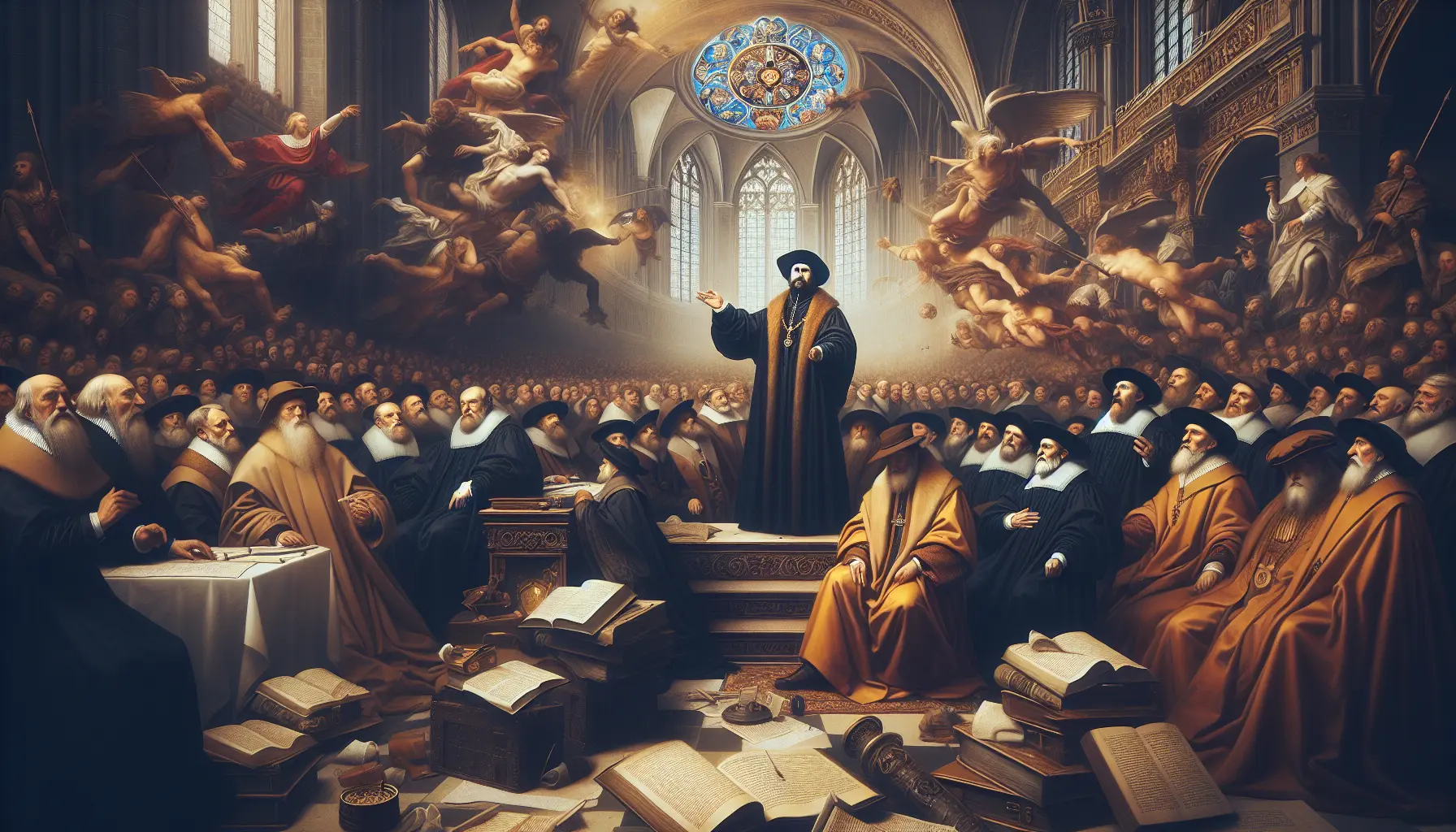 Ritratto di Papa Paolo IV con simboli religiosi e storici sullo sfondo