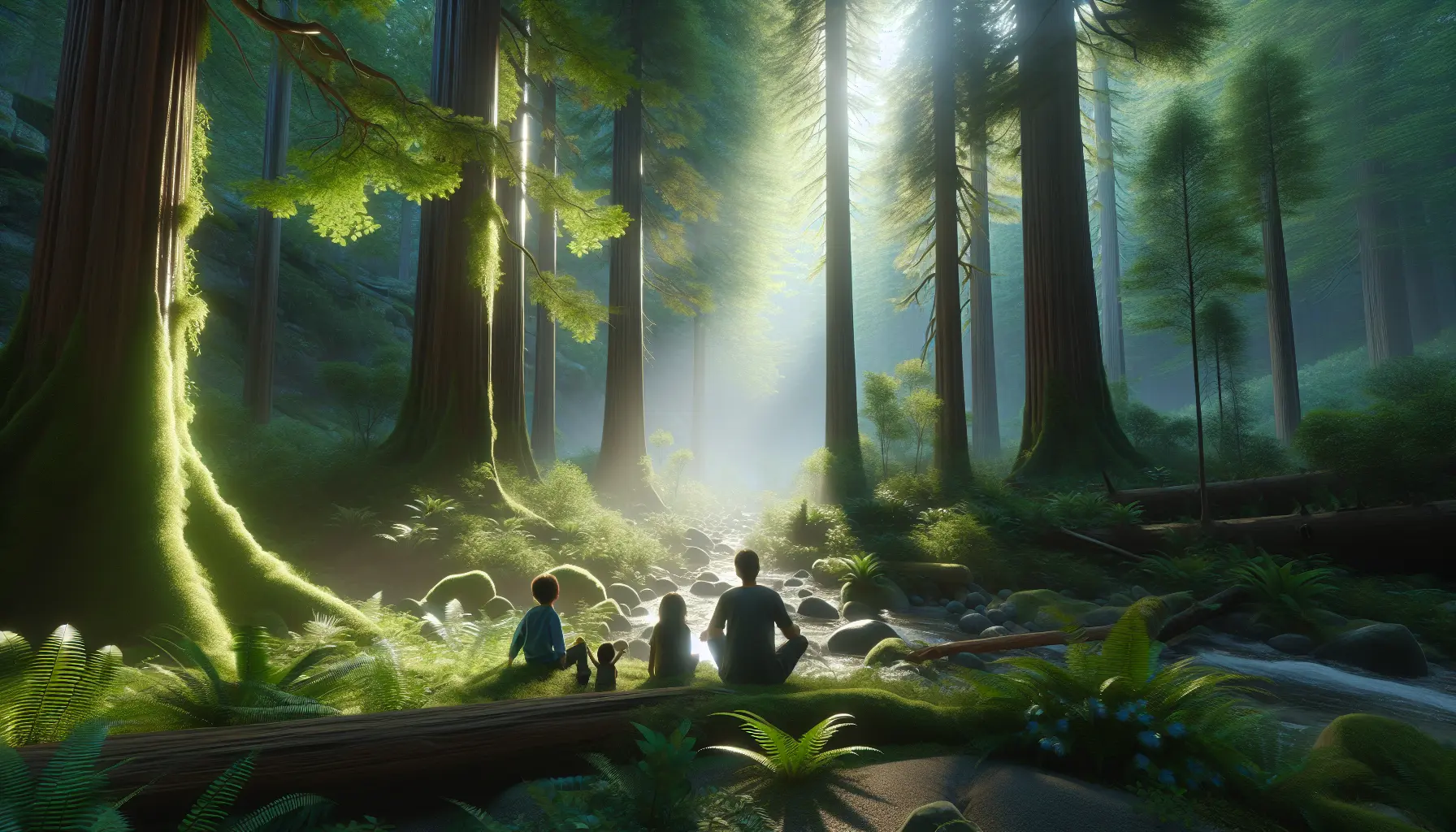 Una famiglia che pratica il forest bathing in un bosco, immersi nella natura e nella tranquillità.
