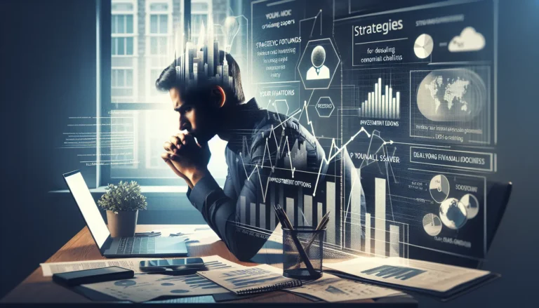 Giovane che riflette sulle proprie decisioni finanziarie, con grafici e appunti sul tavolo