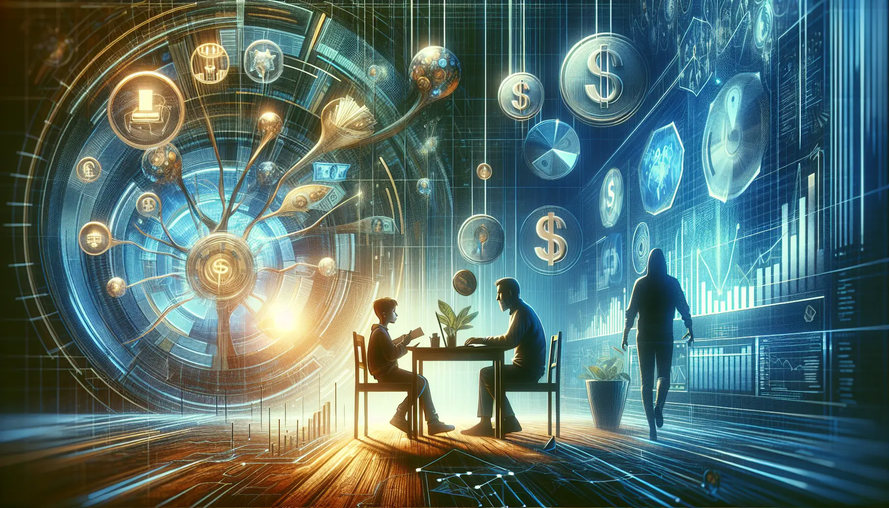 Un giovane che riflette sulle sue decisioni finanziarie, con grafici e strumenti di investimento sul tavolo.