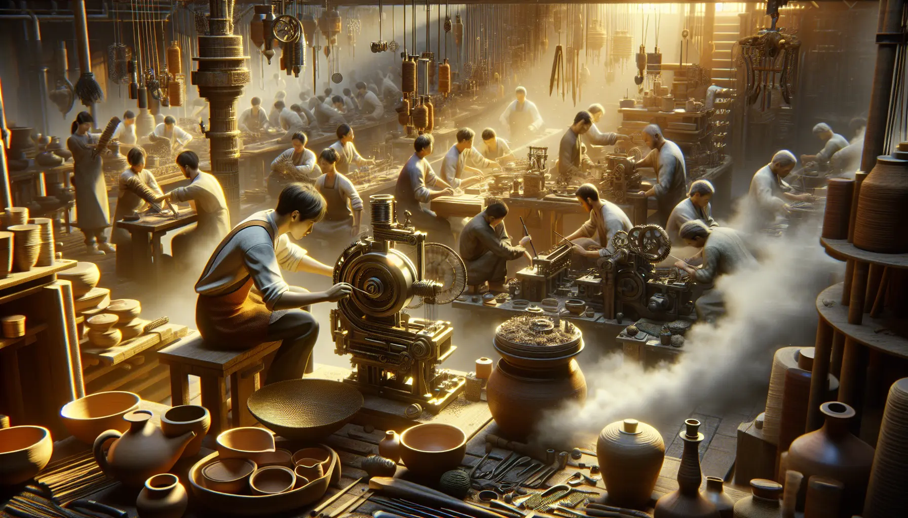 Artigiani al lavoro in un laboratorio, circondati da materiali e strumenti, mentre creano opere uniche con passione e dedizione.