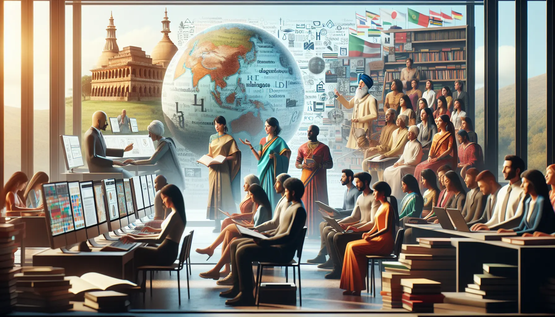 Un gruppo di persone di diverse etnie che discutono e celebrano le loro lingue e culture in un evento comunitario.