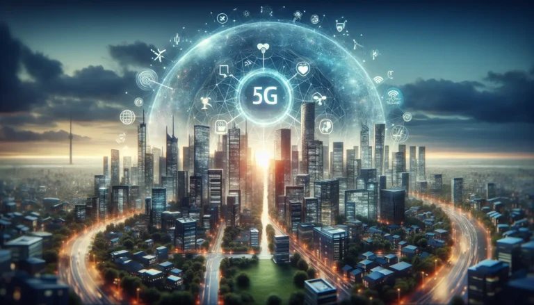 Rappresentazione grafica della rete 5G con dispositivi connessi e simboli di innovazione tecnologica.