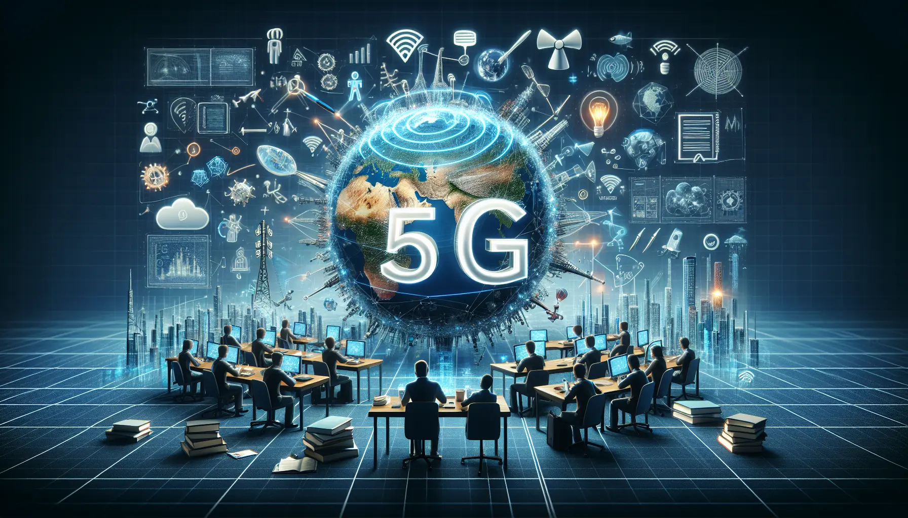 Un'immagine che rappresenta la connessione 5G e la privacy online, con dispositivi connessi e simboli di sicurezza.