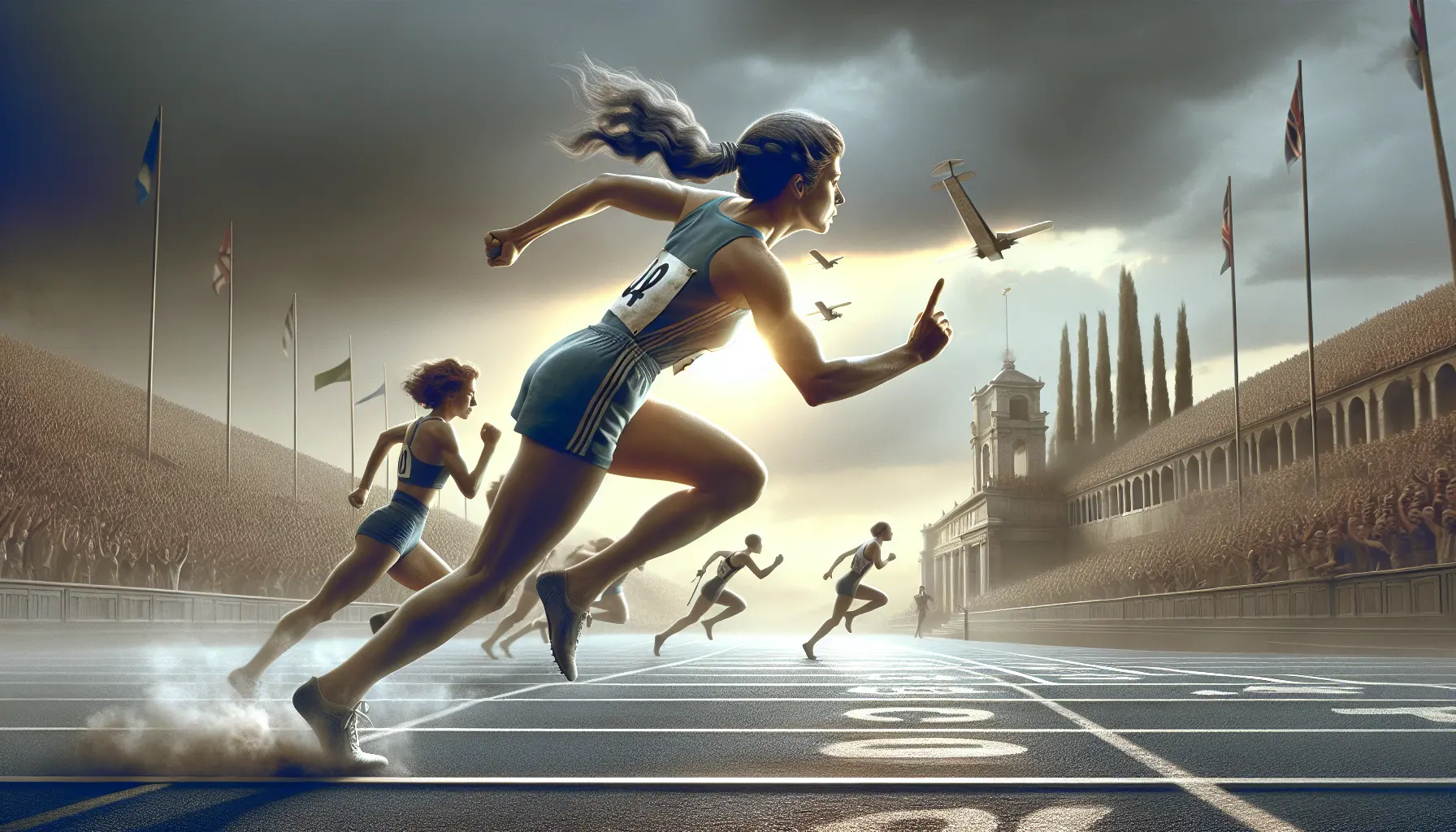 Betty Robinson in azione durante una gara di corsa, con il pubblico che applaude e incita gli atleti.