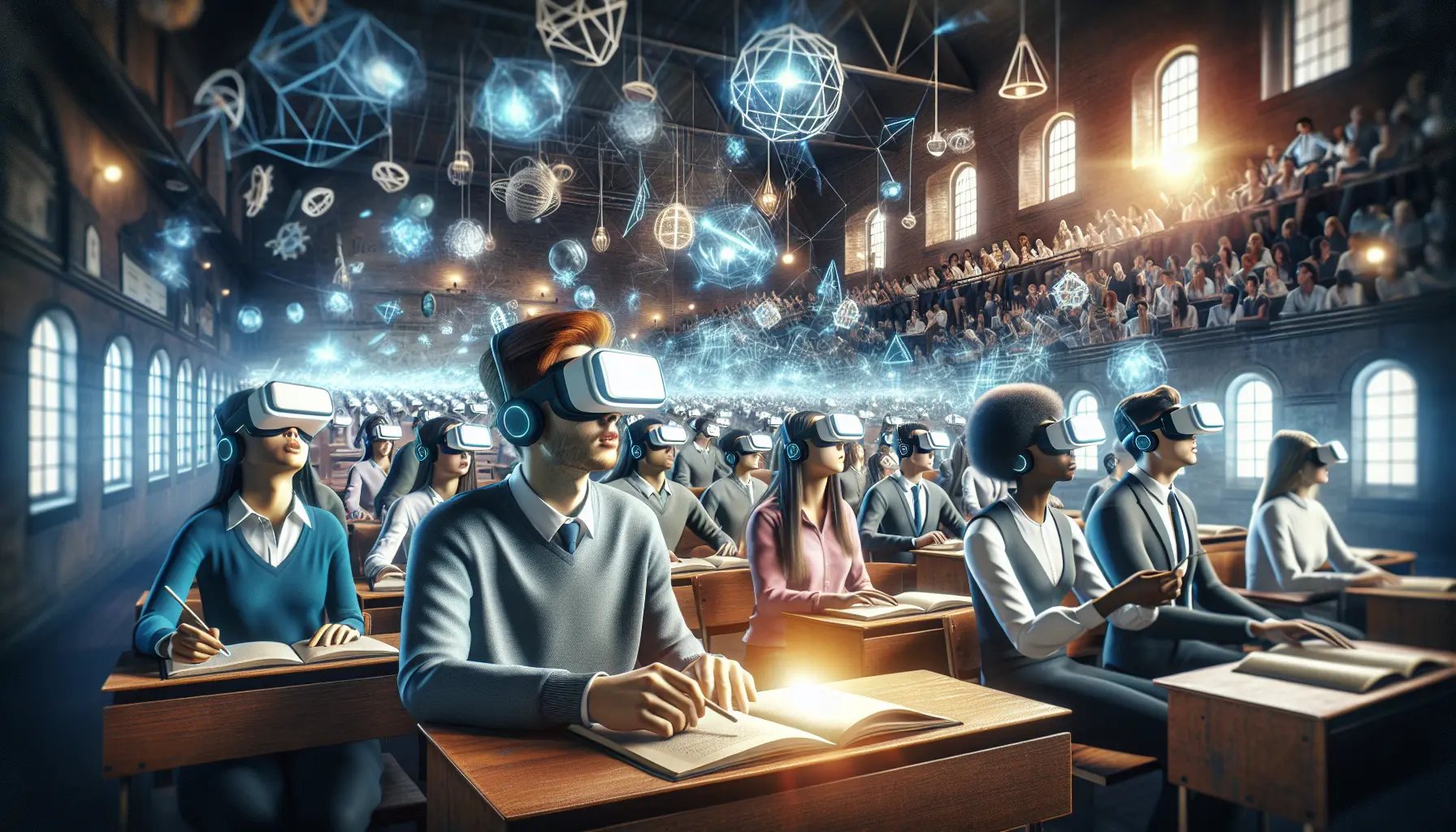 Studente che esplora un ambiente virtuale attraverso un visore di realtà virtuale, immerso in un'esperienza educativa coinvolgente.