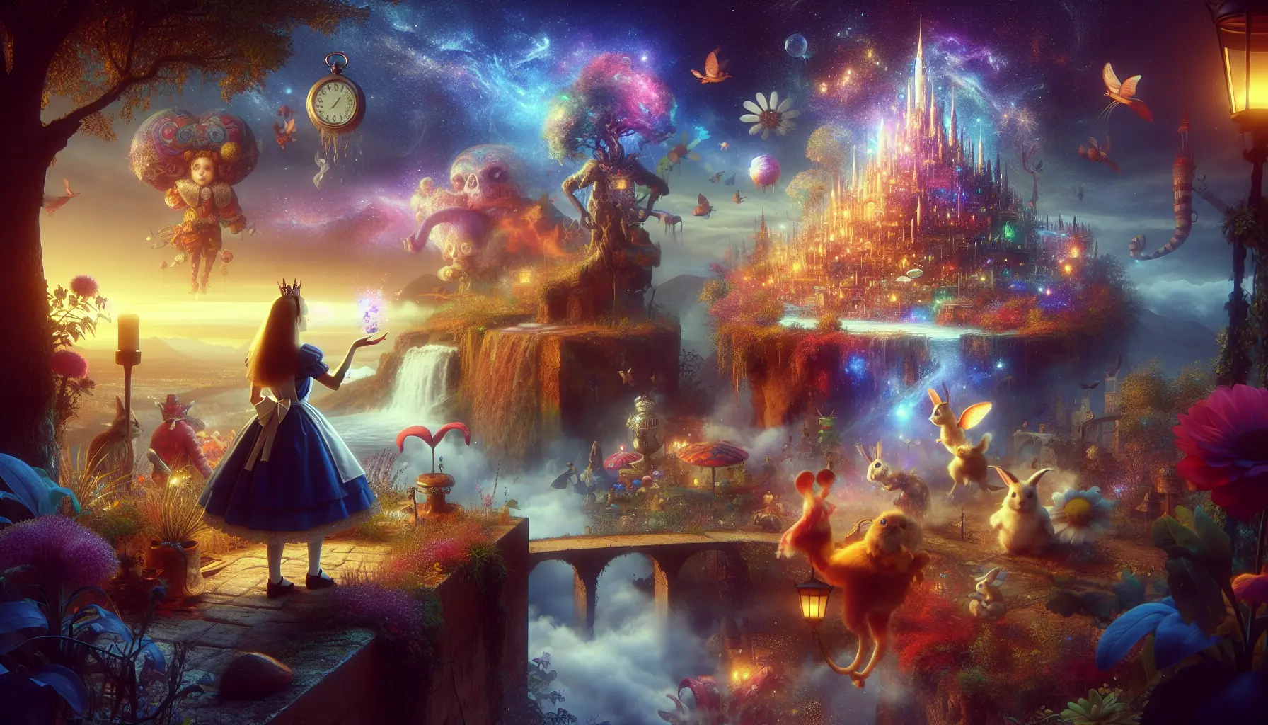 Illustrazione di Alice nel Paese delle Meraviglie che esplora un mondo fantastico con personaggi eccentrici.