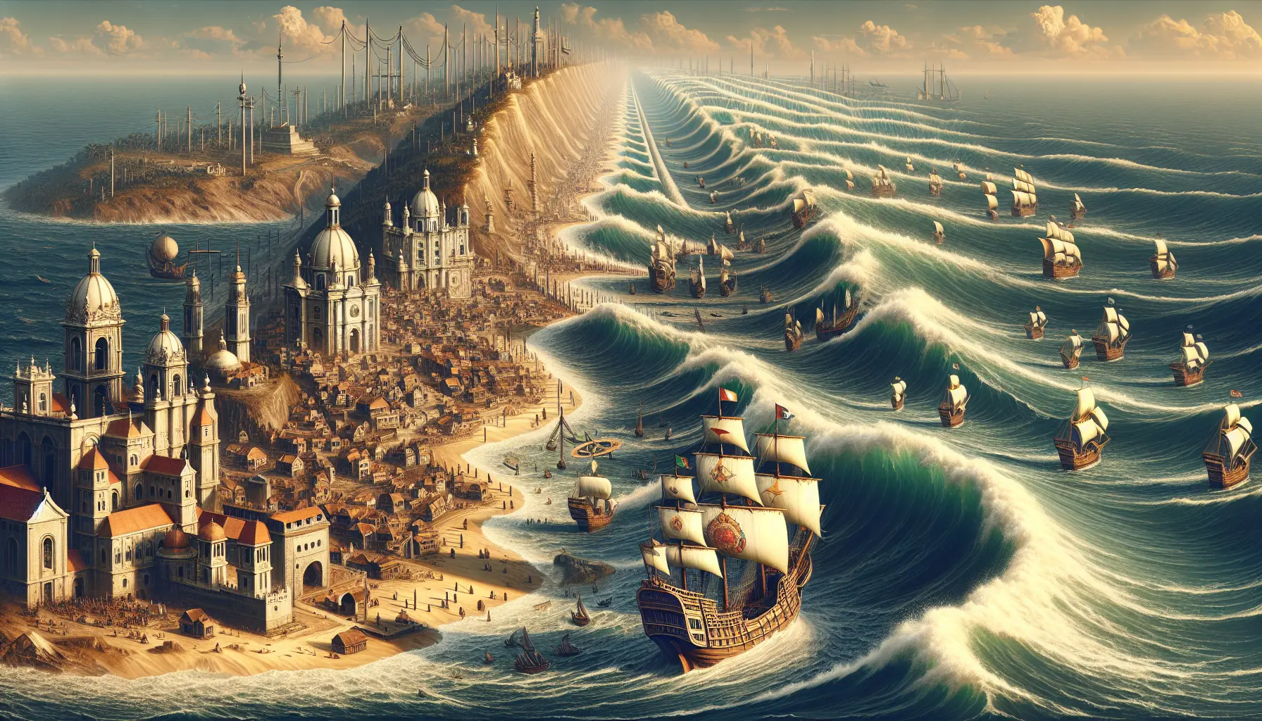 Un'immagine storica di una caracca portoghese navigando verso l'orizzonte, simbolo delle avventure di Vasco da Gama.