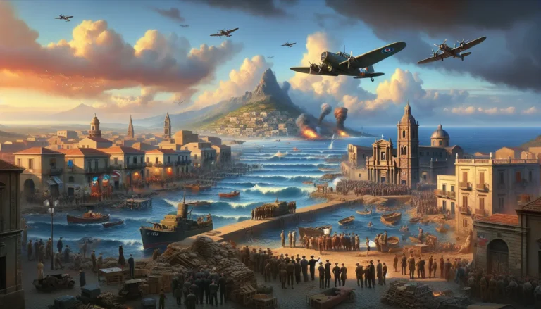 Un'immagine storica dello sbarco in Sicilia, con truppe alleate sulla spiaggia e la popolazione locale che osserva.