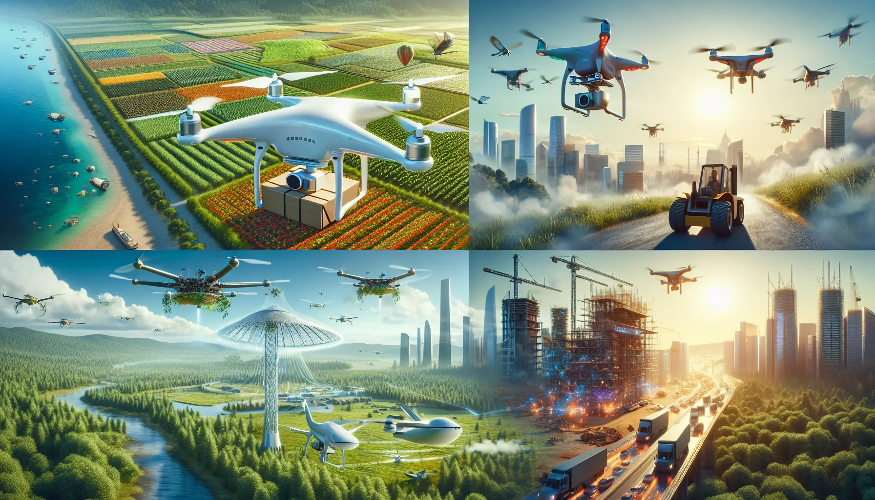 Droni in volo sopra un campo agricolo, utilizzati per monitorare le coltivazioni e raccogliere dati.