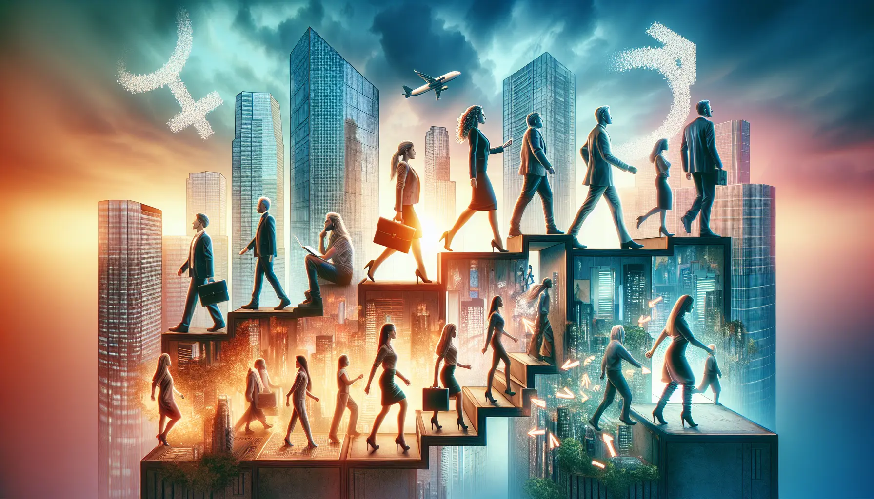 Rappresentazione visiva dell'evoluzione dei ruoli di genere nella società, con persone di diverse età e provenienze che si uniscono per creare un ambiente inclusivo.