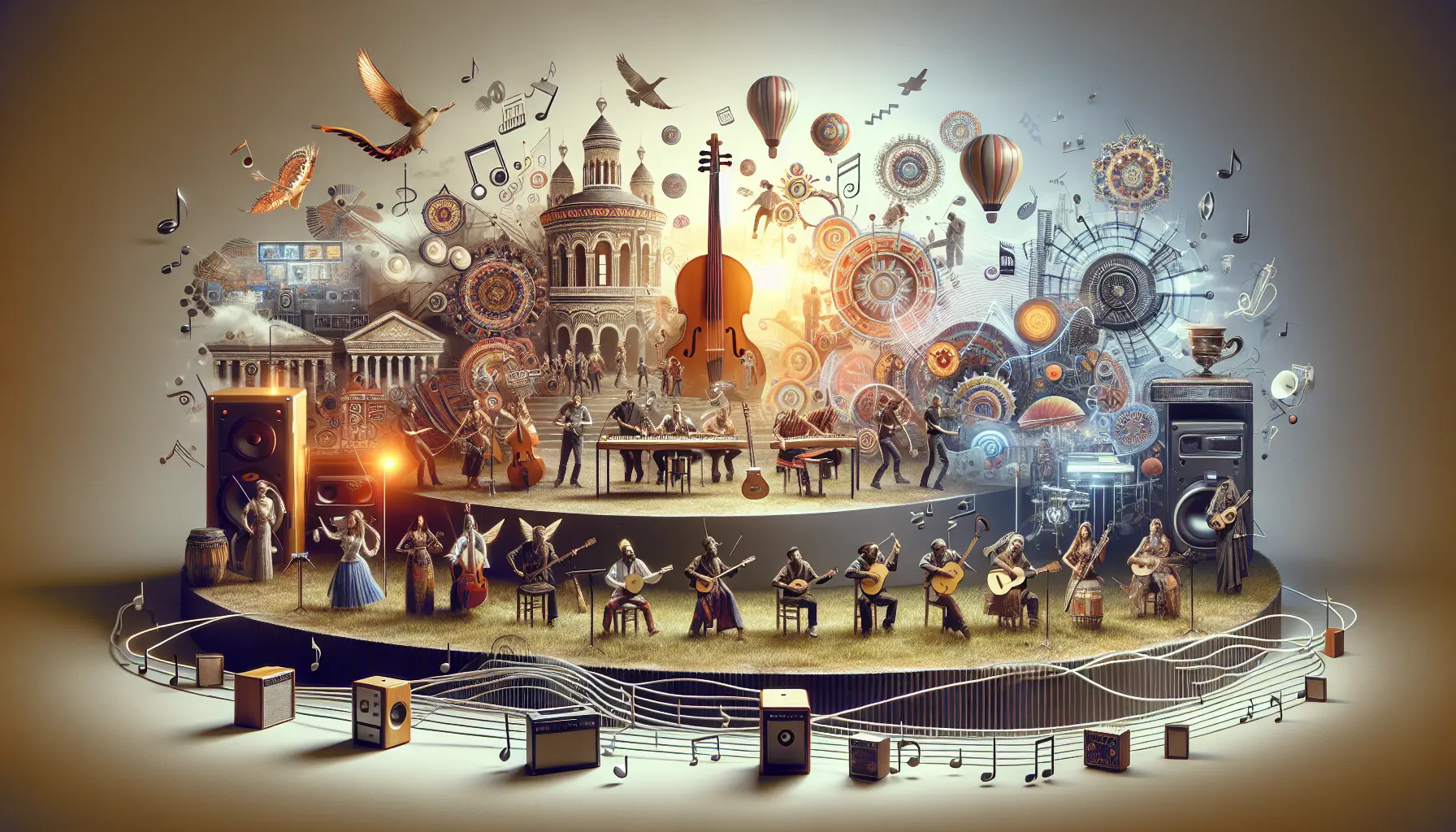 Una band folk che si esibisce dal vivo durante un festival, con strumenti tradizionali e un pubblico entusiasta.