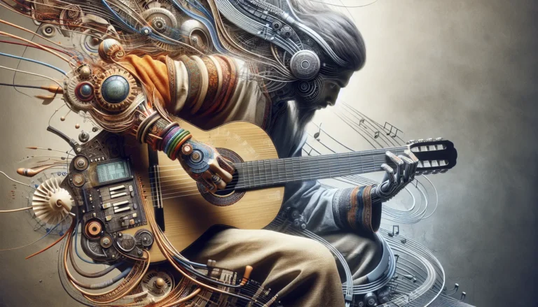 Un musicista folk su un palco, circondato da una folla entusiasta, mentre suona una chitarra acustica in un festival musicale all'aperto.