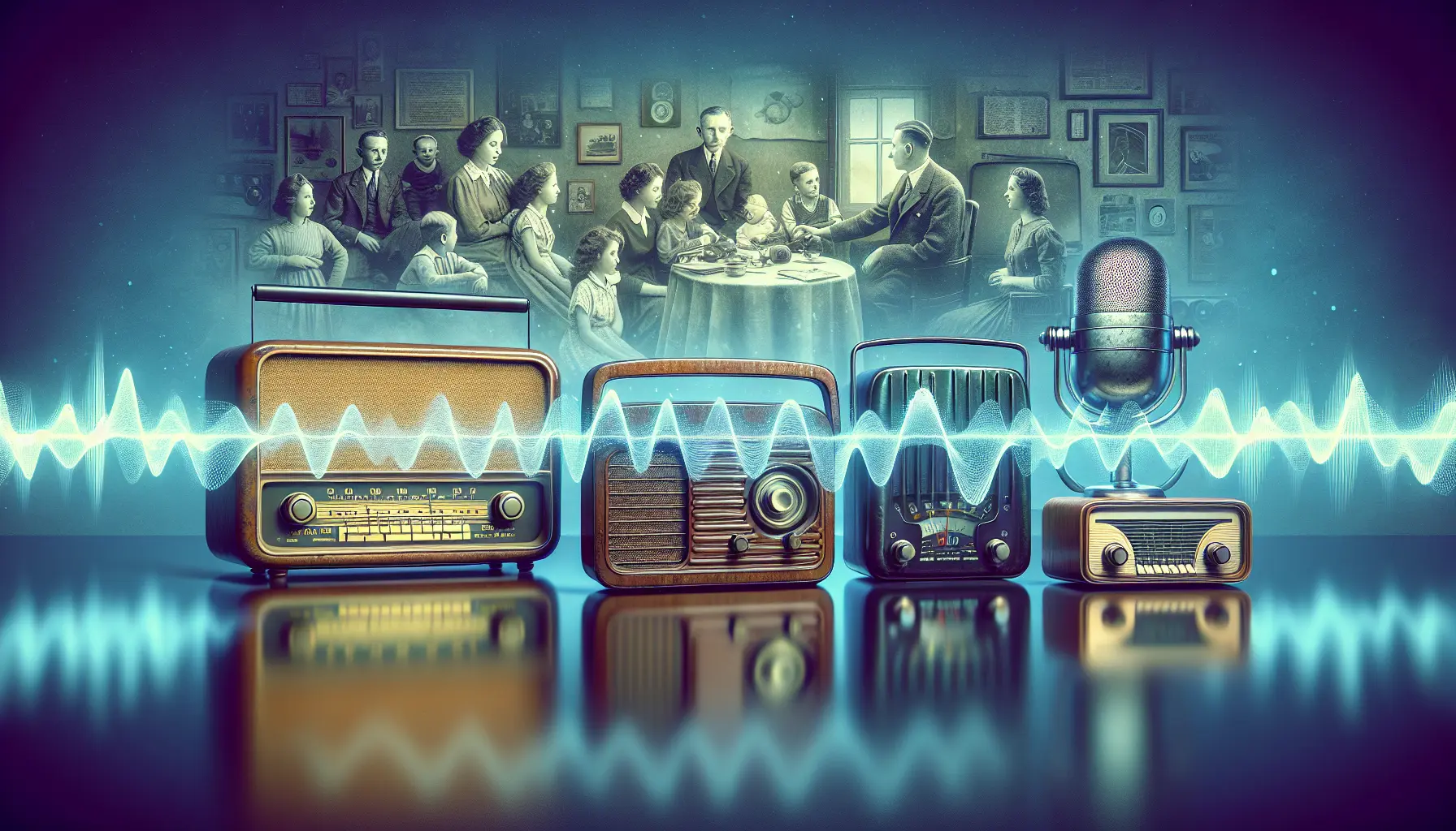Un'immagine che rappresenta un ricevitore radio vintage accanto a un dispositivo di streaming moderno, simboleggiando l'evoluzione della radio nel tempo.