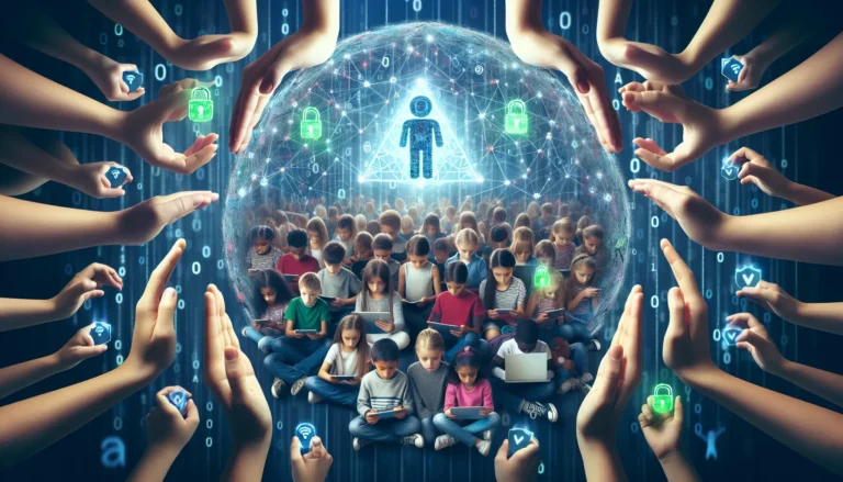 Un genitore e un bambino che esplorano insieme un dispositivo digitale, discutendo di sicurezza online e privacy.