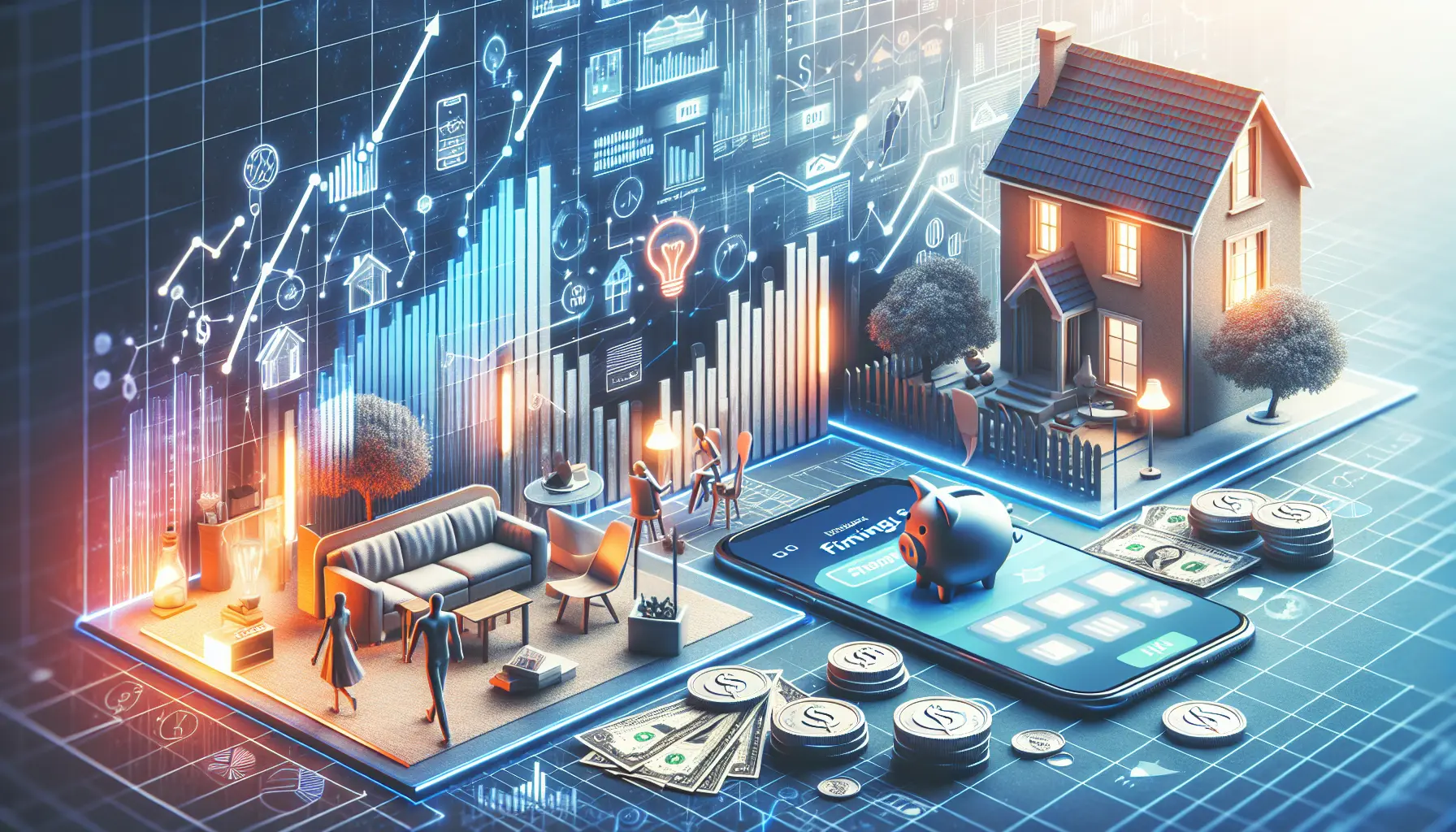 Una famiglia felice che utilizza app fintech per gestire il proprio budget e risparmiare.