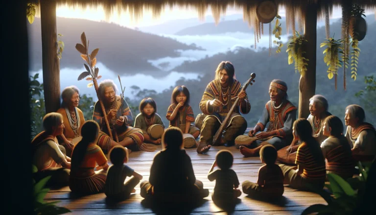 Un narratore che racconta storie attorno a un fuoco, circondato da ascoltatori affascinati.