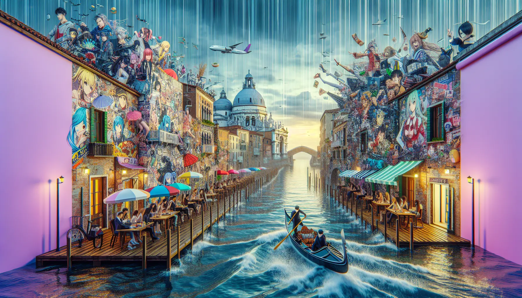 Un collage di elementi della cultura pop asiatica, tra cui K-pop, anime e film, che rappresentano l'influenza globale di queste tradizioni.