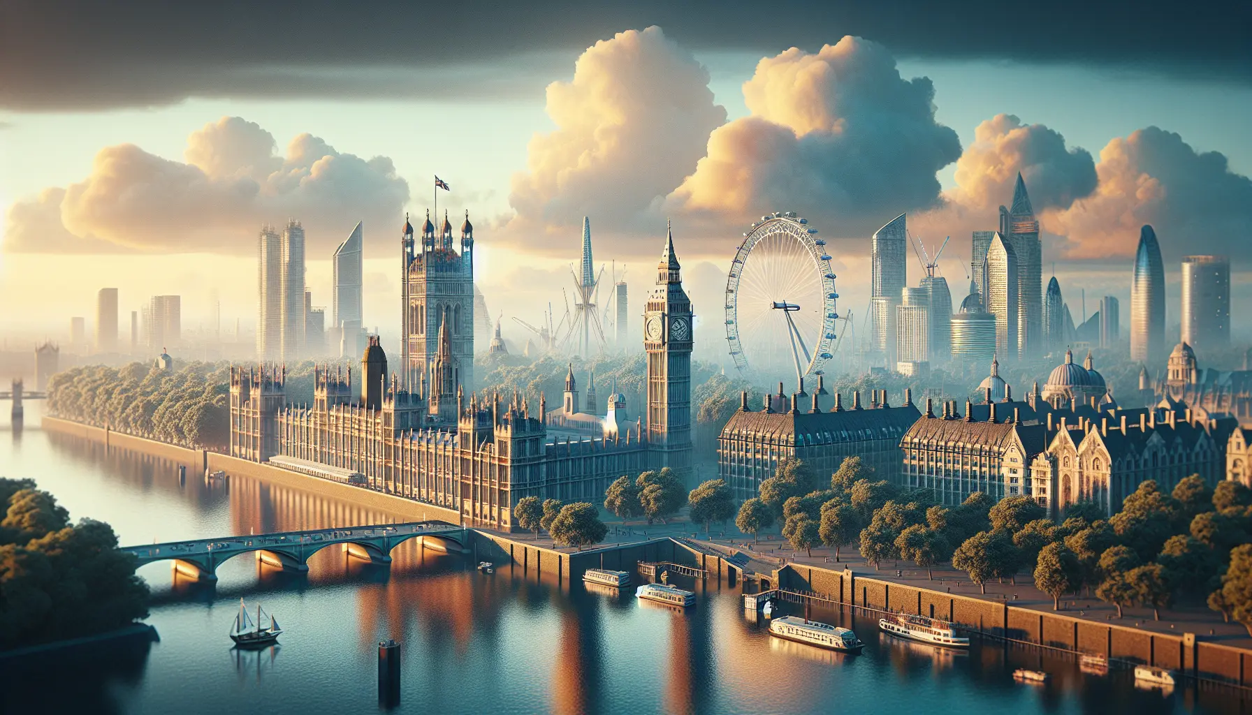 Vista panoramica di Londra con il London Eye e il Palazzo di Westminster sullo sfondo.