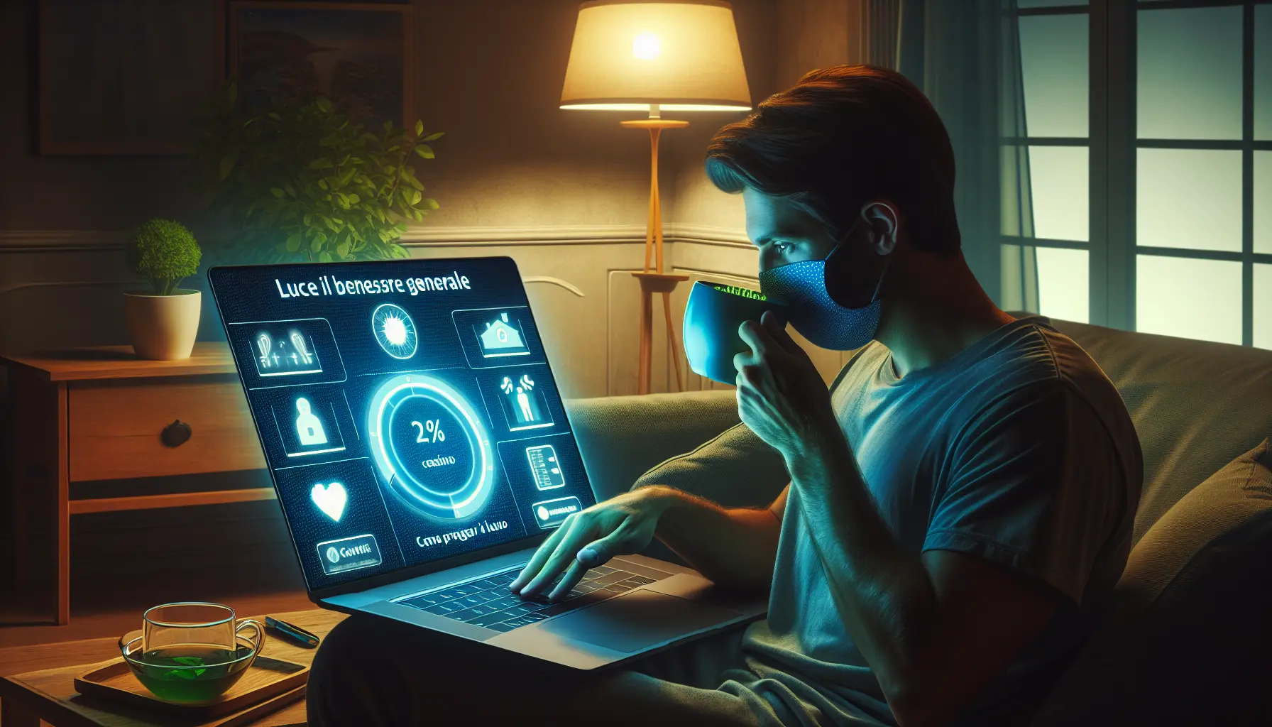 Una persona che utilizza un computer con occhiali anti luce blu in un ambiente rilassante