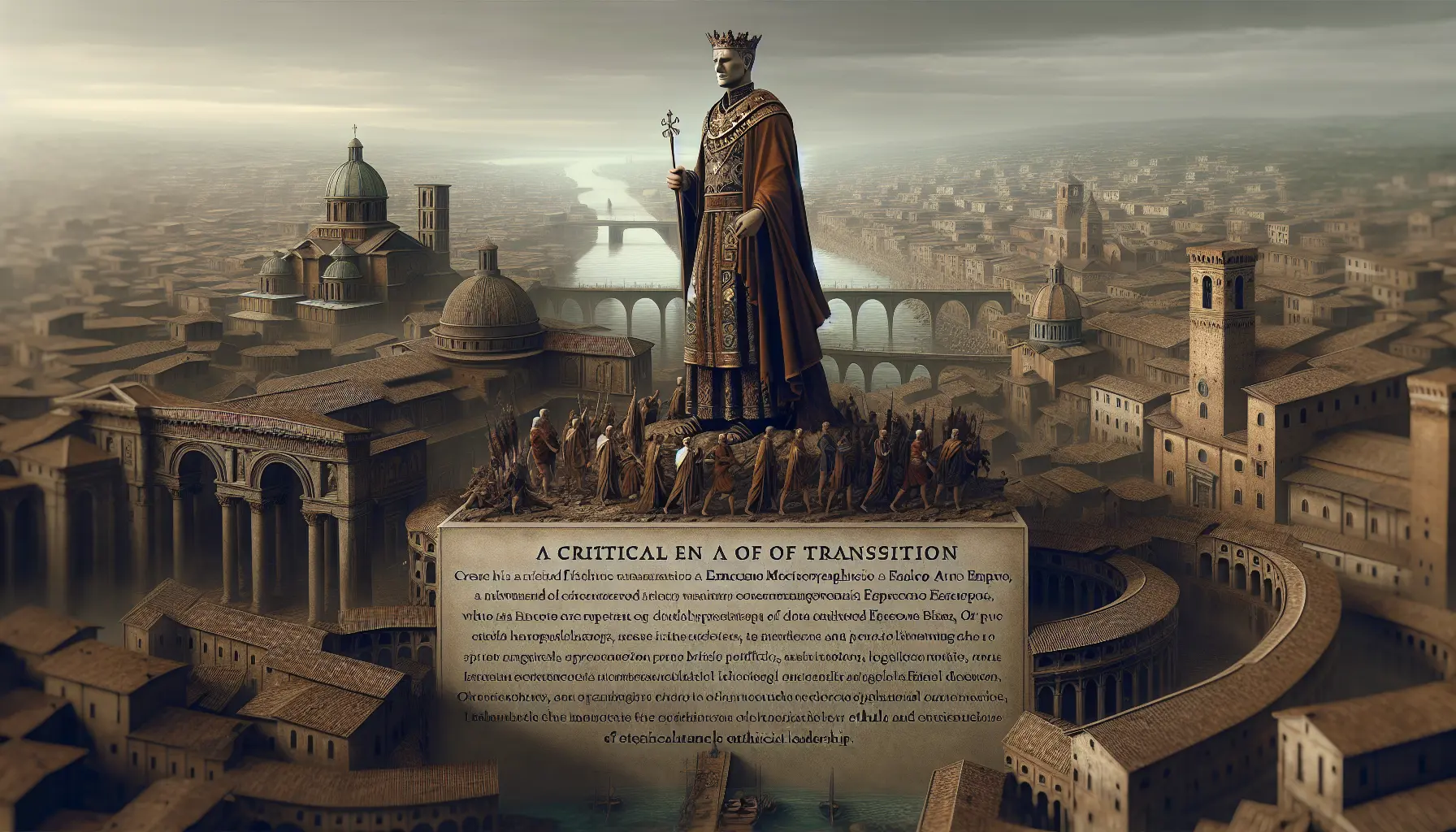 Rappresentazione artistica di Marco Mecilio Flavio Eparchio Avito, imperatore romano e vescovo, in un contesto storico che riflette la sua duplice identità.