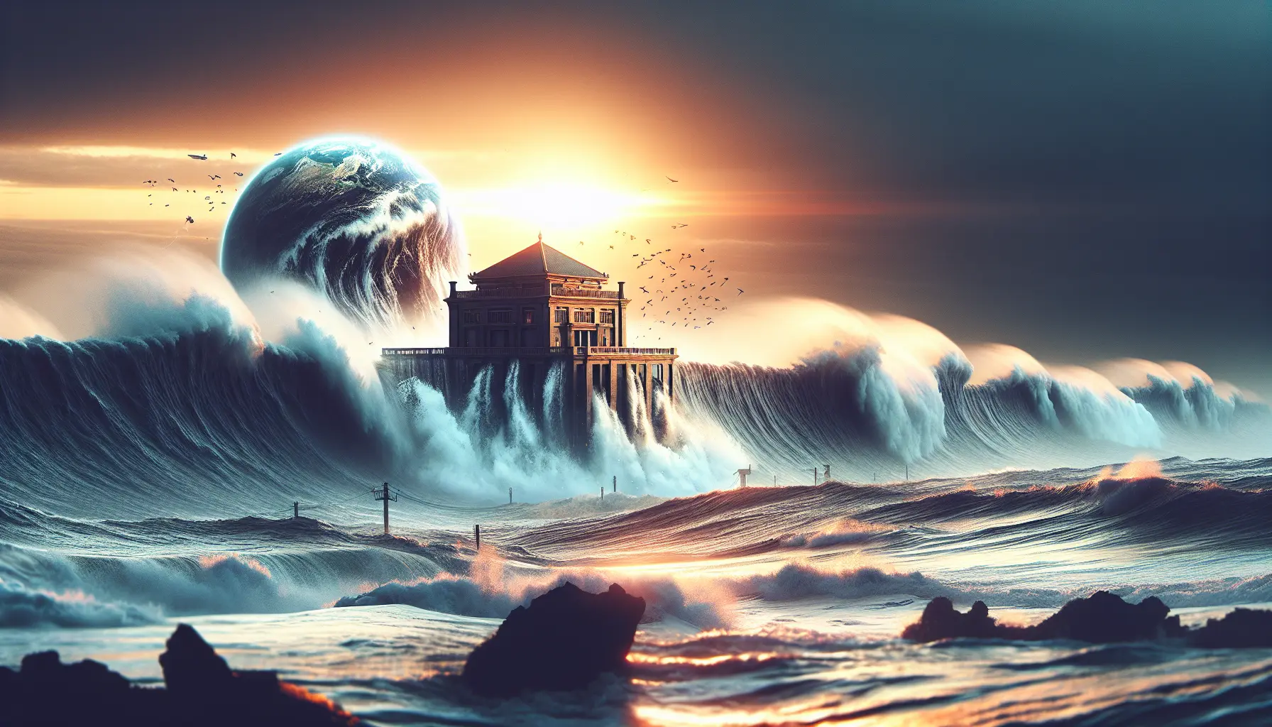 Immagine di un maremoto che colpisce una costa, mostrando onde alte e distruzione.