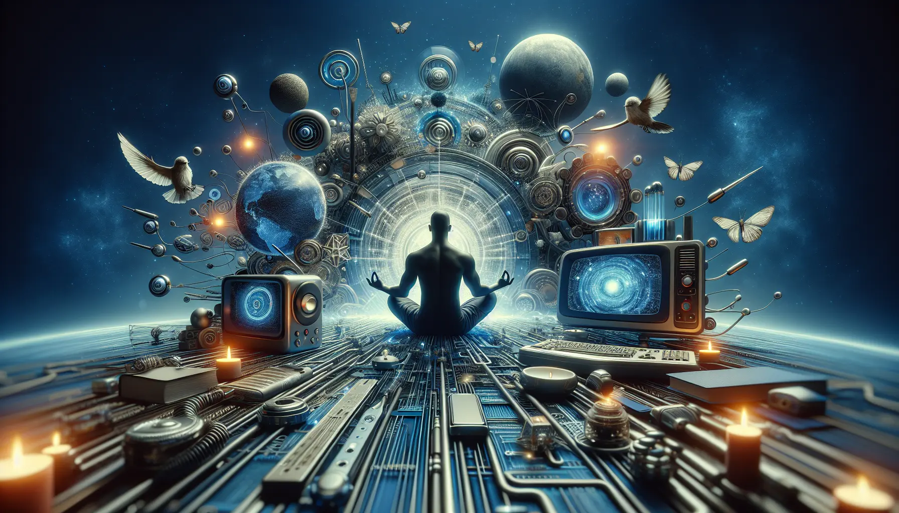 Un'immagine che rappresenta la meditazione e la mindfulness, con una persona che medita in un ambiente tranquillo, circondata da elementi naturali e tecnologia.