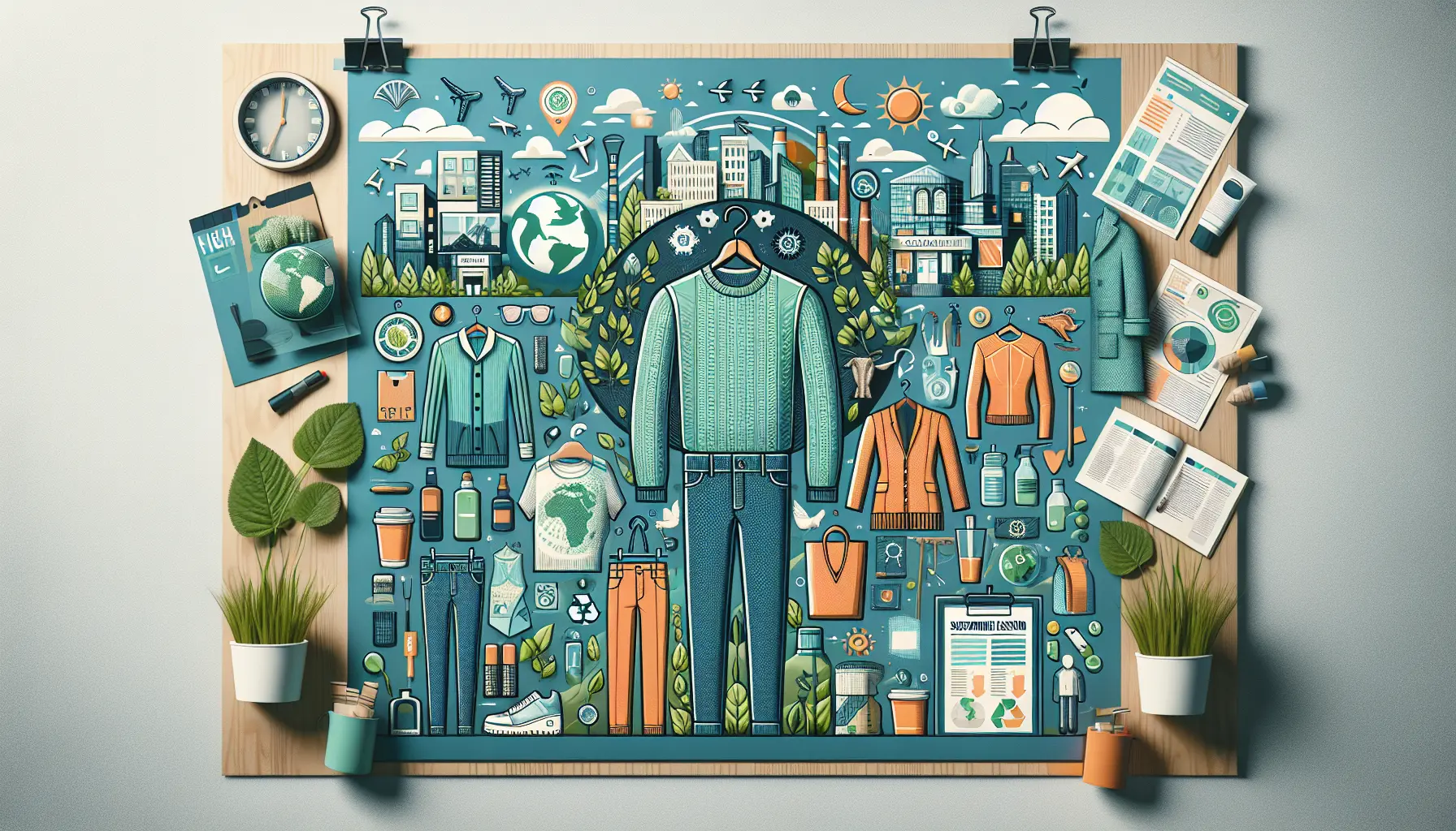 Un assortimento di abiti eco-friendly appesi a un'esposizione di moda sostenibile.