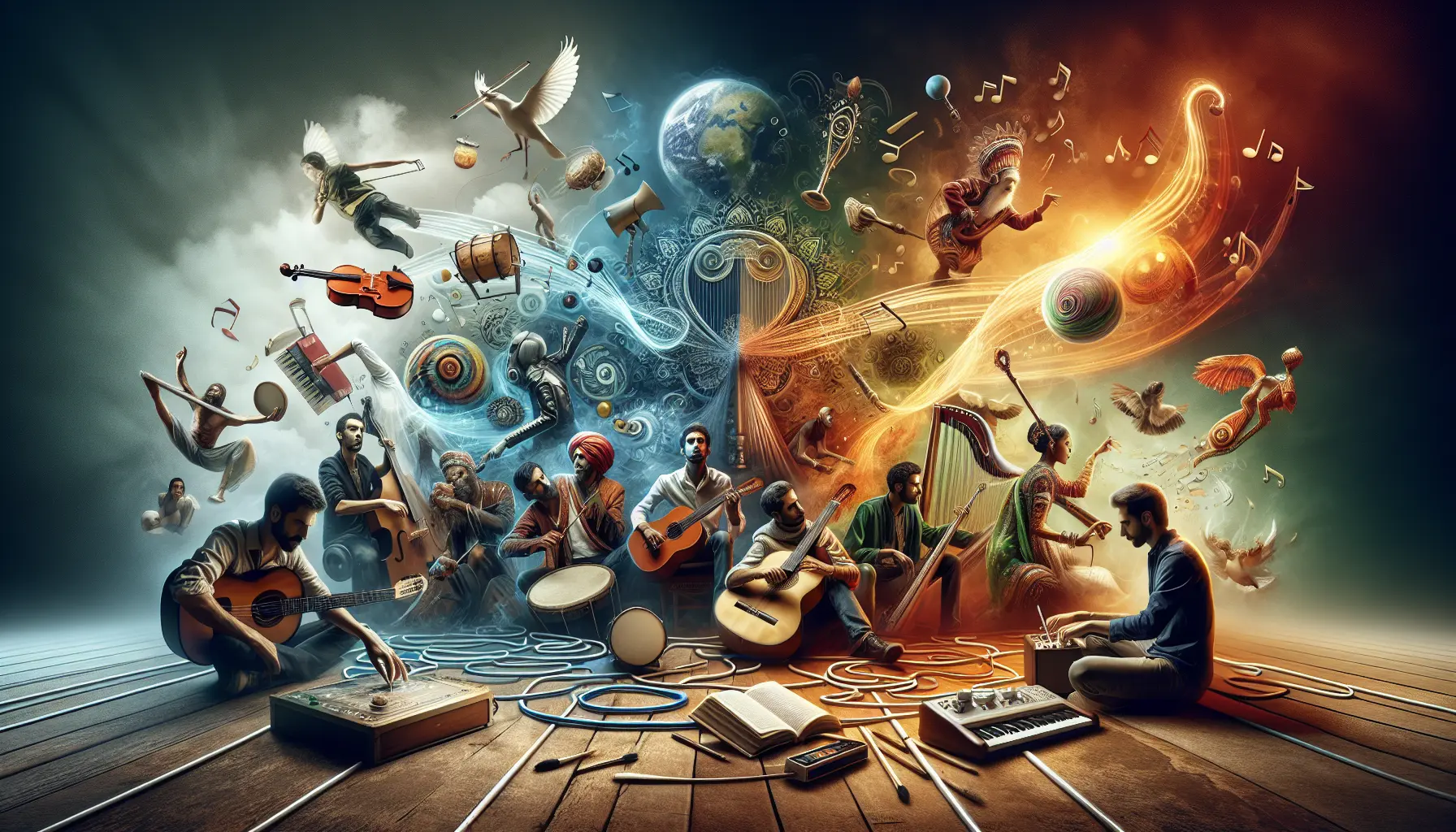 Artisti che suonano strumenti tradizionali e moderni in un contesto di fusione musicale