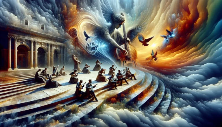 Un collage di strumenti musicali tradizionali e moderni che simboleggiano la fusione tra generi musicali.