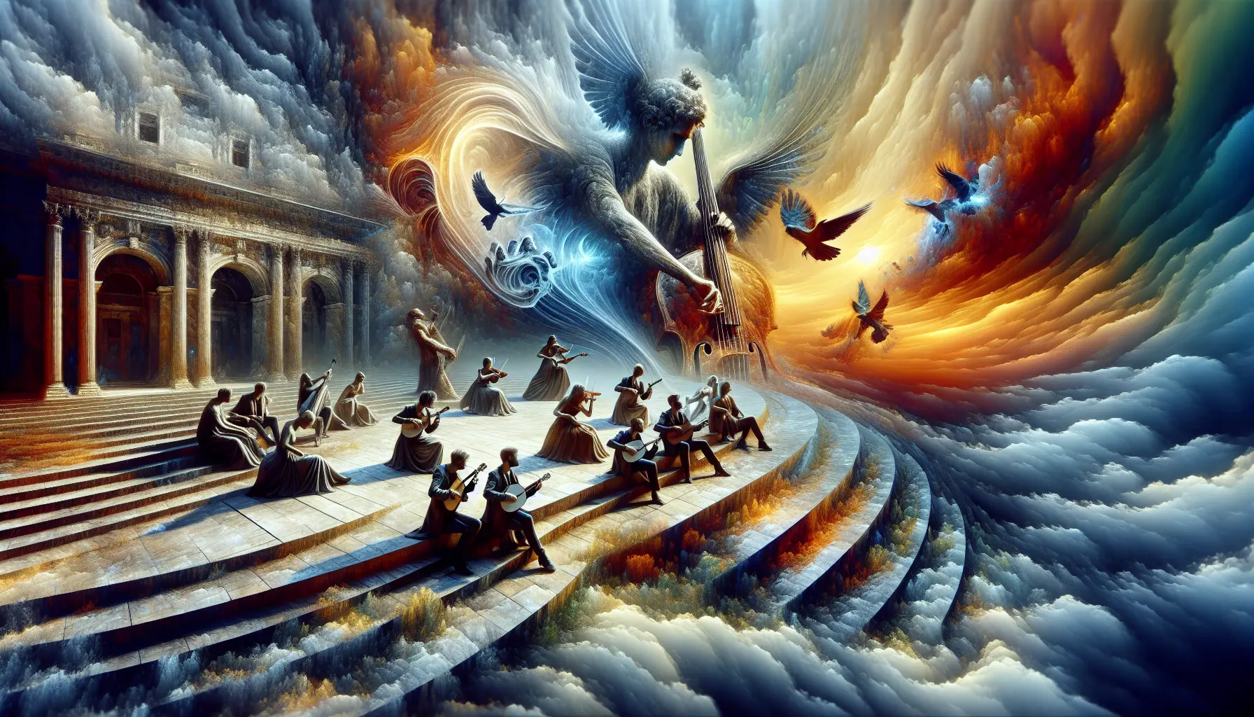 Un collage di strumenti musicali tradizionali e moderni che simboleggiano la fusione tra generi musicali.