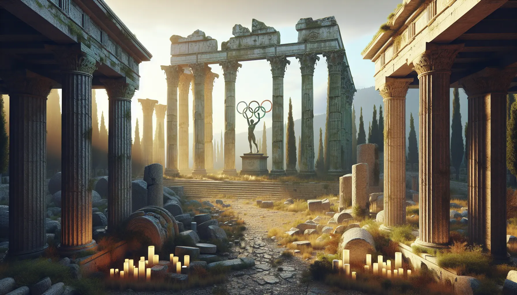 Vista panoramica del sito archeologico di Olimpia con il tempio di Zeus sullo sfondo.
