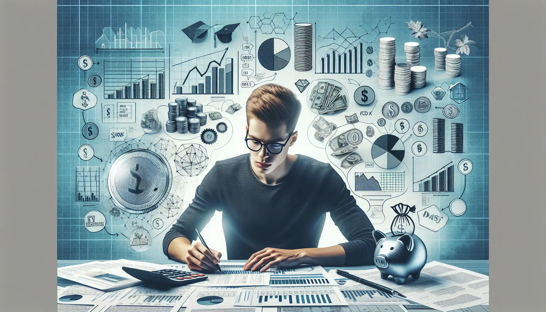 Giovane professionista che pianifica il proprio futuro finanziario con grafici e appunti