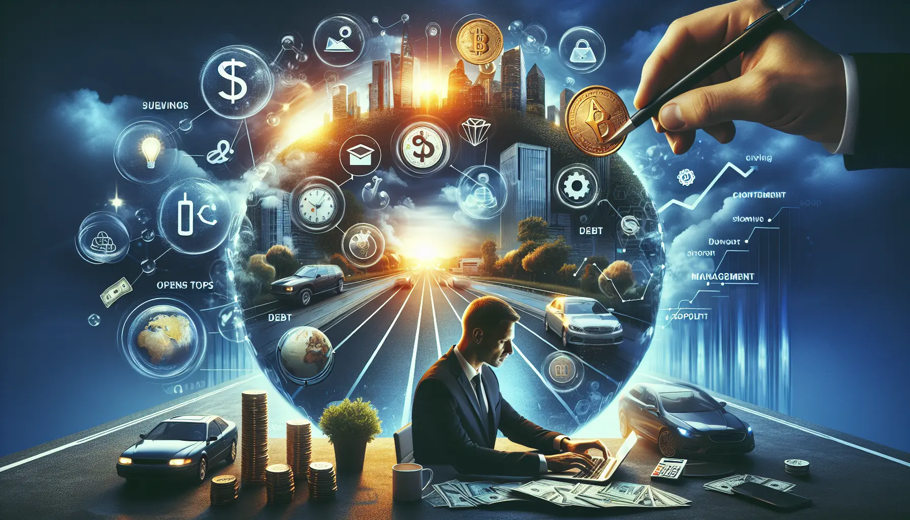 Un giovane professionista sorridente che lavora da un luogo esotico, rappresentando il concetto di libertà finanziaria e pensionamento anticipato.