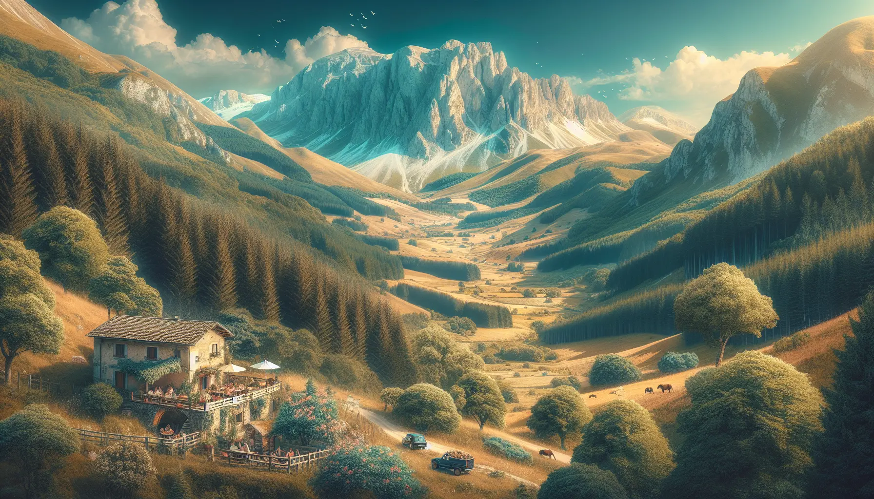 Vista panoramica di Pescasseroli con le montagne circostanti e il verde lussureggiante del Parco Nazionale d'Abruzzo.