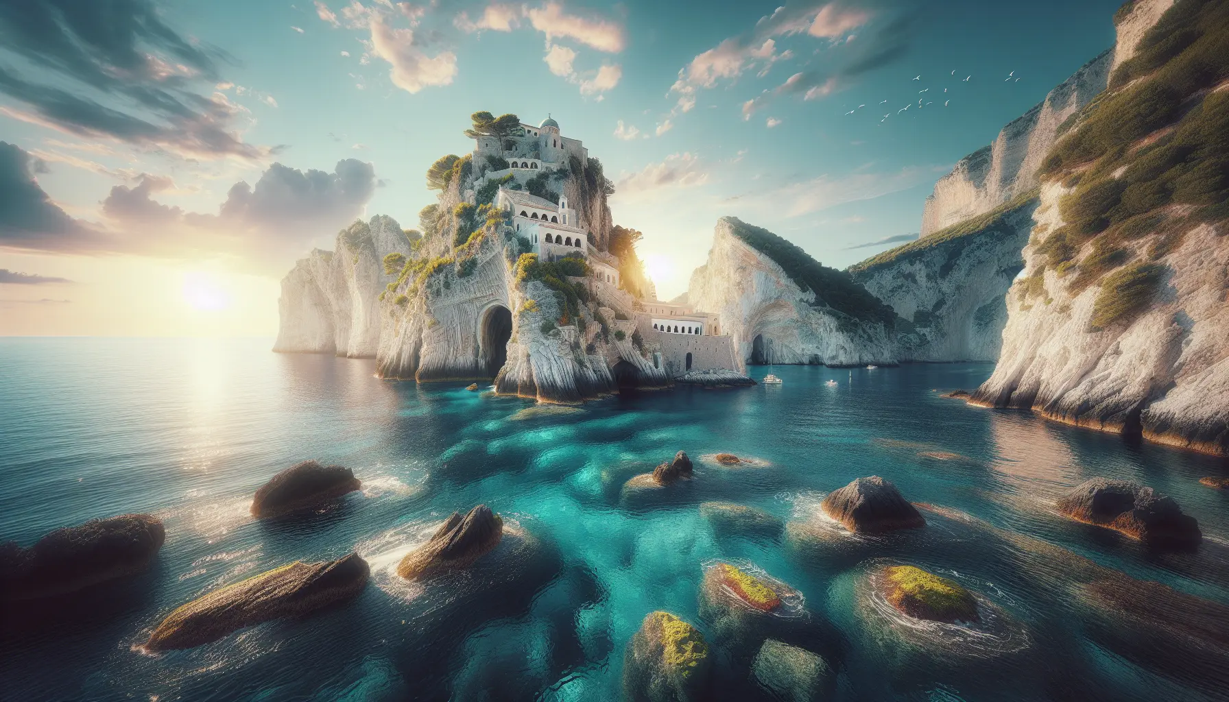 Vista panoramica di Ponza con acque cristalline e scogliere
