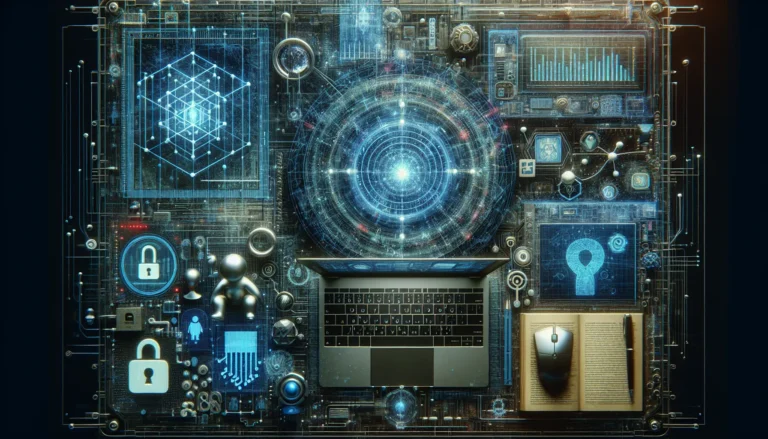 Rappresentazione grafica di un computer quantistico con simboli di sicurezza online