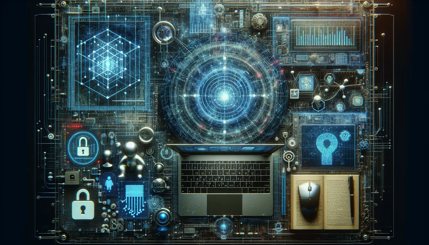 Rappresentazione grafica di un computer quantistico con simboli di sicurezza online