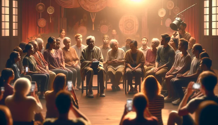 Un narratore che racconta storie davanti a un pubblico attento, simbolo della tradizione dei racconti orali