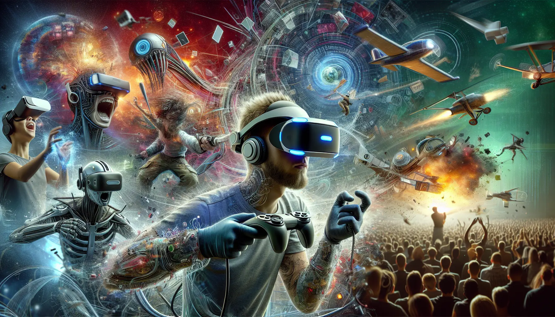 Un visore di realtà virtuale in uso durante un'esperienza di gioco immersiva.