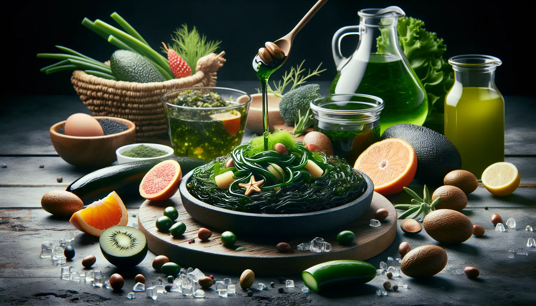 Un piatto colorato di insalata di alghe con avocado e semi di sesamo, rappresentante il tema delle ricette a base di alghe.