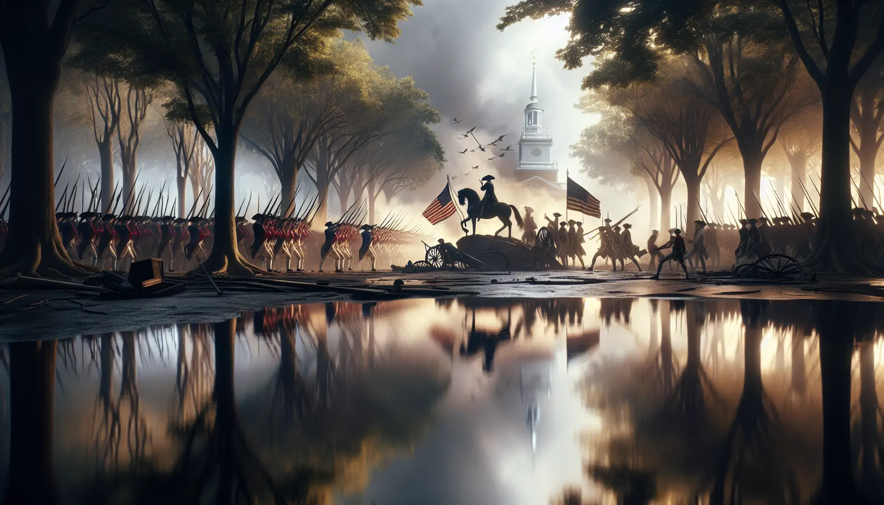 Un'immagine storica che rappresenta la Guerra d'Indipendenza Americana, con soldati in battaglia e simboli di libertà.