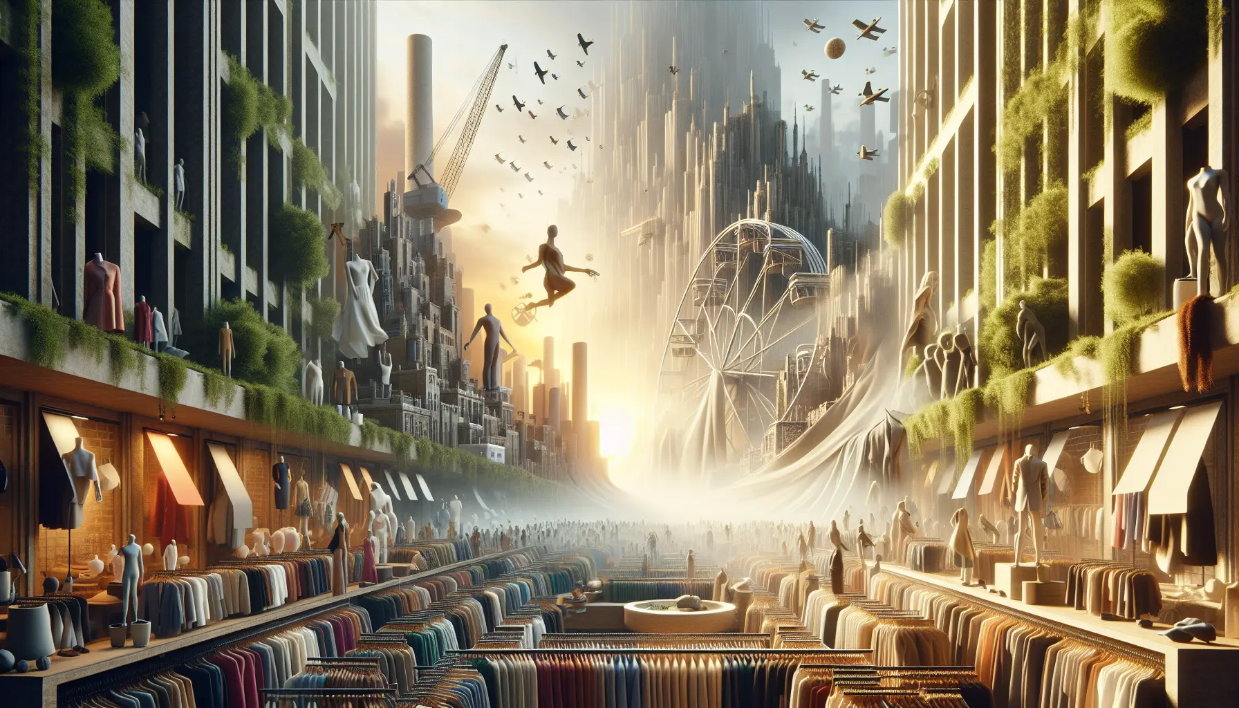 Un'immagine di abbigliamento sostenibile realizzato con materiali innovativi e ecologici, rappresentante il futuro della moda.