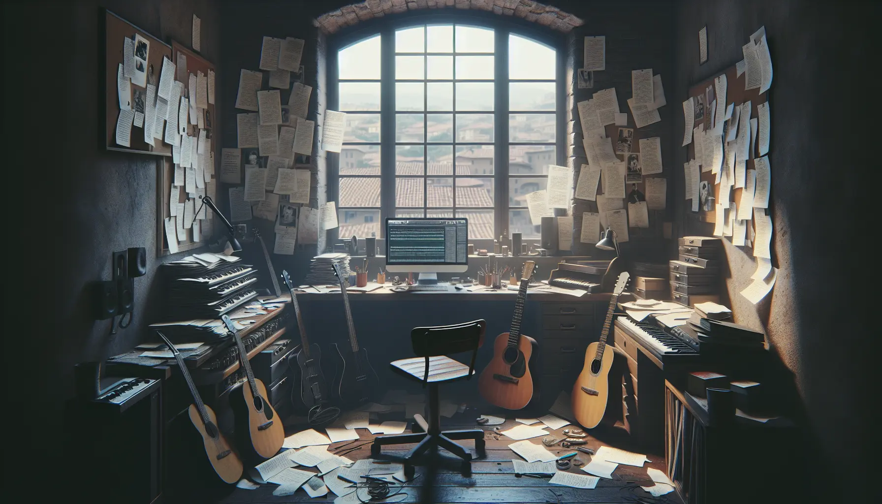 Roberto Casalino mentre scrive una canzone, circondato da strumenti musicali e fogli di testo.