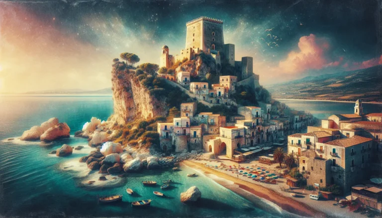 Vista panoramica di Roccella Ionica con il mare blu e le colline verdi sullo sfondo.