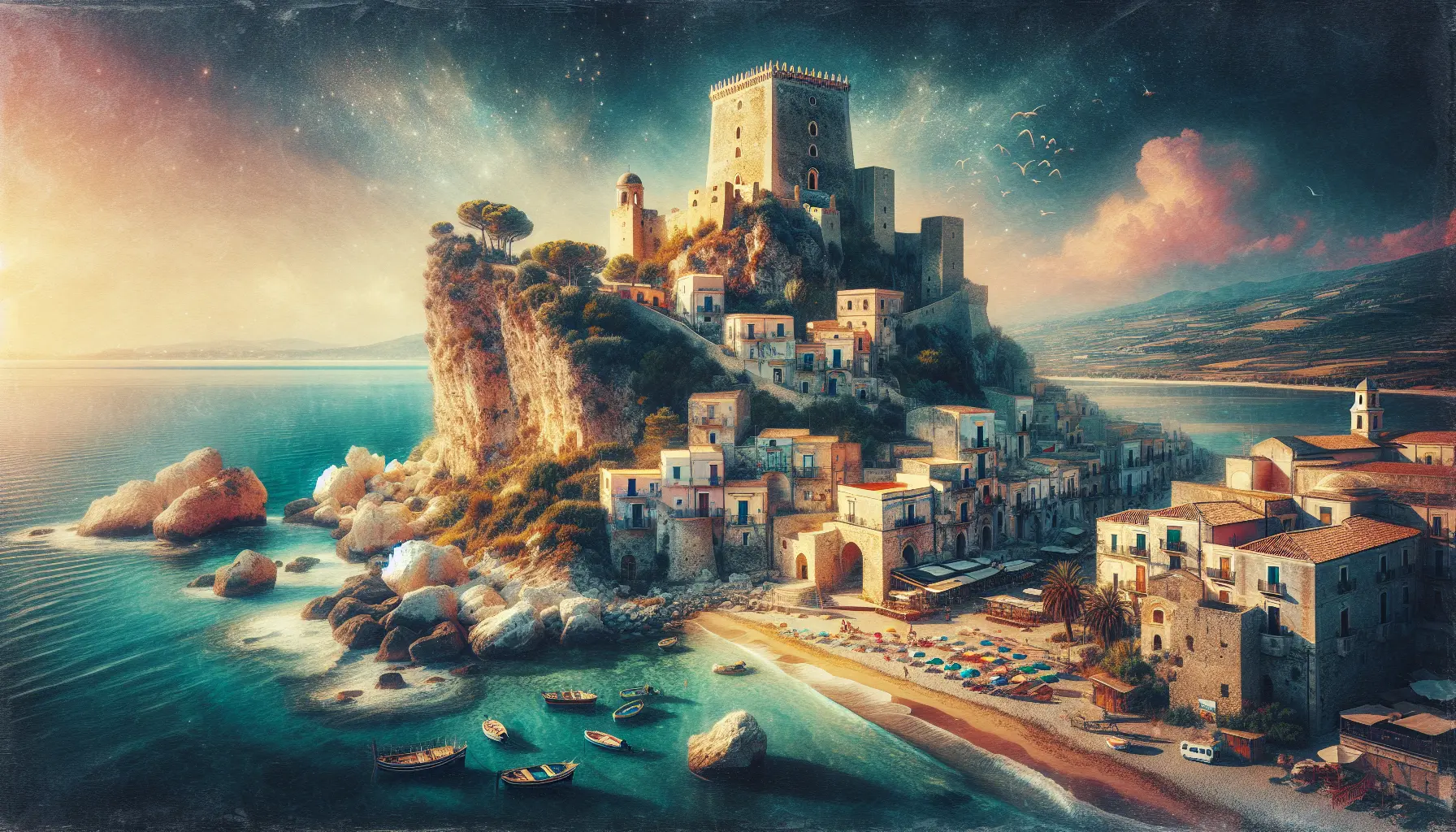 Vista panoramica di Roccella Ionica con il mare blu e le colline verdi sullo sfondo.